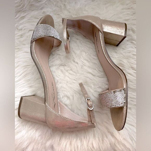 Nina Ankle Straps Rhinestones Rose Gold Satin Block Heels 8 - Picture 3 of 7
